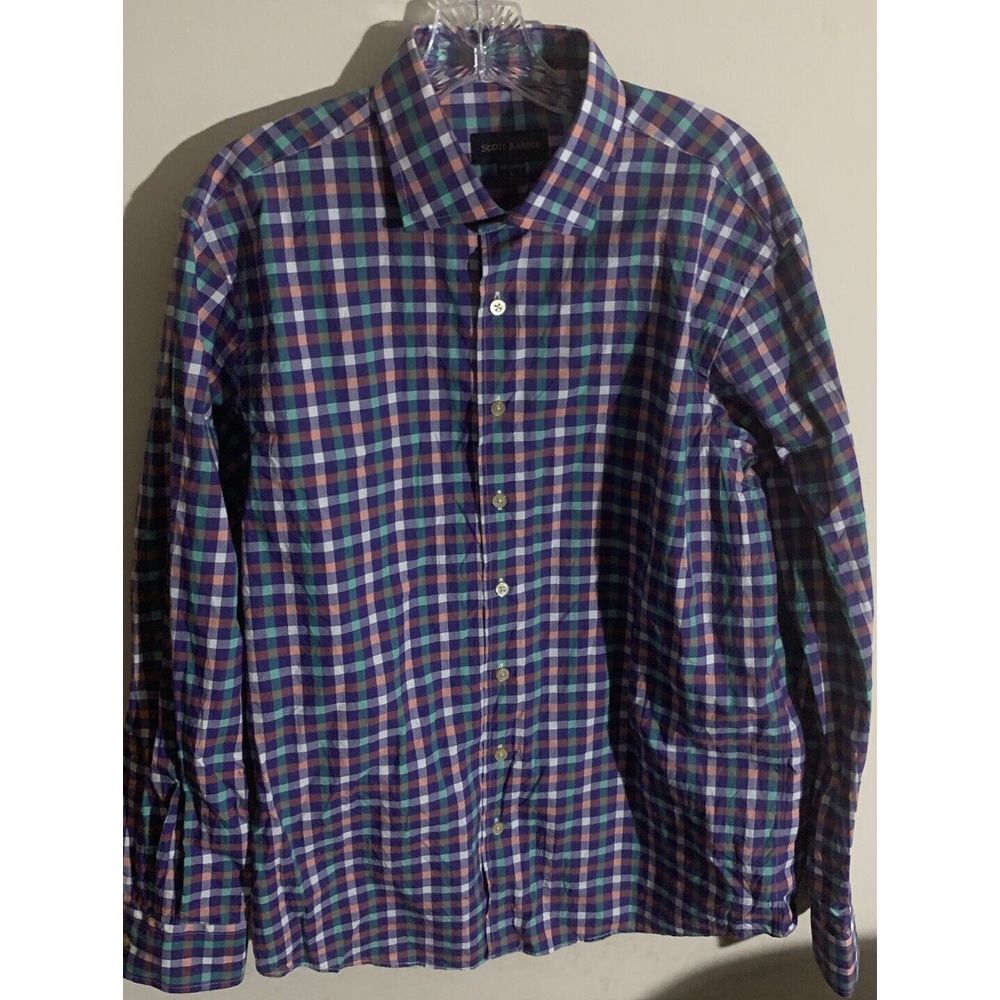 NWoT Scott Barber Size L Large Purple-Green Checked 100% Cotton Mens Dress Shirt
